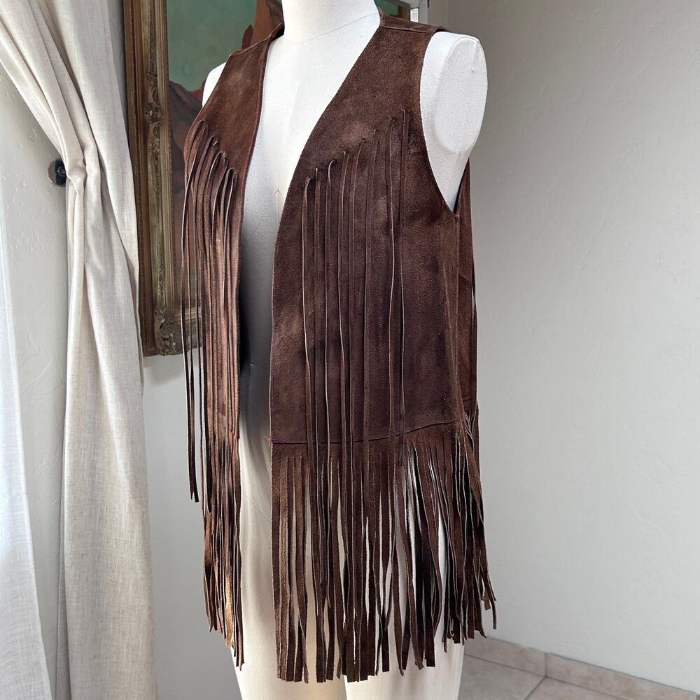 70s genuine suede fringe vest brown western festival boho vintage women M L - Picture 7 of 13